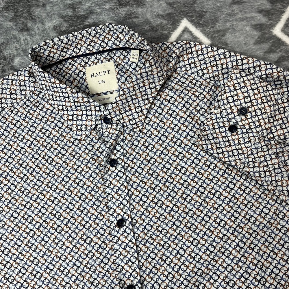 Haupt 1926 Modern Fit Geometric Circle Print Button Down Shirt Mens Large Navy
